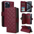 For iPhone 15 Pro Crossbody Rhombic Zipper Tower Buckle Leather Phone Case with Lanyard(Wine Red) - 1