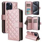 For iPhone 15 Pro Crossbody Rhombic Zipper Tower Buckle Leather Phone Case with Lanyard(Rose Gold) - 1