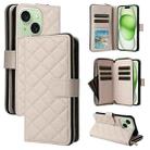 For iPhone 15 Plus / 14 Plus Crossbody Rhombic Zipper Tower Buckle Leather Phone Case with Lanyard(Beige) - 1