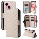 For iPhone 15 Crossbody Rhombic Zipper Tower Buckle Leather Phone Case with Lanyard(Beige) - 1