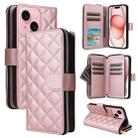 For iPhone 15 Crossbody Rhombic Zipper Tower Buckle Leather Phone Case with Lanyard(Rose Gold) - 1