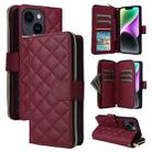 For iPhone 14 / 13 Crossbody Rhombic Zipper Tower Buckle Leather Phone Case with Lanyard(Wine Red) - 1