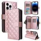 For iPhone 14 Pro Crossbody Rhombic Zipper Tower Buckle Leather Phone Case with Lanyard(Rose Gold) - 1