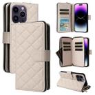 For iPhone 14 Pro Max Crossbody Rhombic Zipper Tower Buckle Leather Phone Case with Lanyard(Beige) - 1