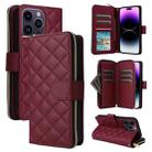 For iPhone 14 Pro Max Crossbody Rhombic Zipper Tower Buckle Leather Phone Case with Lanyard(Wine Red) - 1