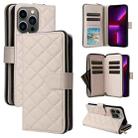 For iPhone 13 Pro Crossbody Rhombic Zipper Tower Buckle Leather Phone Case with Lanyard(Beige) - 1