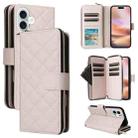 For iPhone 16 Plus Crossbody Rhombic Zipper Tower Buckle Leather Phone Case with Lanyard(Beige) - 1