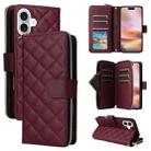 For iPhone 16 Plus Crossbody Rhombic Zipper Tower Buckle Leather Phone Case with Lanyard(Wine Red) - 1