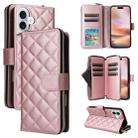 For iPhone 16 Plus Crossbody Rhombic Zipper Tower Buckle Leather Phone Case with Lanyard(Rose Gold) - 1