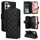 For iPhone 16 Plus Crossbody Rhombic Zipper Tower Buckle Leather Phone Case with Lanyard(Black) - 1