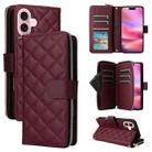 For iPhone 16 Crossbody Rhombic Zipper Tower Buckle Leather Phone Case with Lanyard(Wine Red) - 1