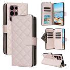 For Samsung Galaxy S22 Ultra 5G Crossbody Rhombic Zipper Tower Buckle Leather Phone Case with Lanyard(Beige) - 1