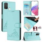 For ZTE Blade A52 Cat Rat Embossed Pattern RFID Leather Phone Case with Lanyard(Mint Green) - 1