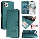 For iPhone 11 Pro Max Cat Rat Embossed Pattern RFID PU Phone Case with Wrist Strap(Peacock Green) - 1