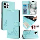 For iPhone 12 Pro Max Cat Rat Embossed Pattern RFID PU Phone Case with Wrist Strap(Mint Green) - 1