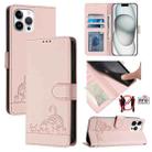 For iPhone 12 Pro Max Cat Rat Embossed Pattern RFID PU Phone Case with Wrist Strap(Pink) - 1