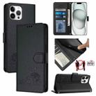 For iPhone 12 Pro Max Cat Rat Embossed Pattern RFID PU Phone Case with Wrist Strap(Black) - 1