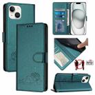 For iPhone 13 / 14 Cat Rat Embossed Pattern RFID PU Phone Case with Wrist Strap(Peacock Green) - 1