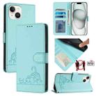 For iPhone 13 mini Cat Rat Embossed Pattern RFID PU Phone Case with Wrist Strap(Mint Green) - 1