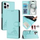 For iPhone 13 Pro Max Cat Rat Embossed Pattern RFID PU Phone Case with Wrist Strap(Mint Green) - 1