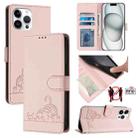 For iPhone 13 Pro Max Cat Rat Embossed Pattern RFID PU Phone Case with Wrist Strap(Pink) - 1