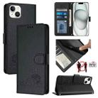 For iPhone 14 Plus Cat Rat Embossed Pattern RFID PU Phone Case with Wrist Strap(Black) - 1