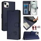 For iPhone 14 Plus Cat Rat Embossed Pattern RFID PU Phone Case with Wrist Strap(Blue) - 1
