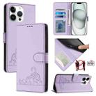 For iPhone 14 Pro Max Cat Rat Embossed Pattern RFID PU Phone Case with Wrist Strap(Purple) - 1