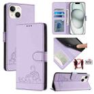 For iPhone 15 Cat Rat Embossed Pattern RFID PU Phone Case with Wrist Strap(Purple) - 1