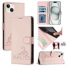 For iPhone 15 Plus Cat Rat Embossed Pattern RFID PU Phone Case with Wrist Strap(Pink) - 1