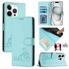 For iPhone 15 Pro Cat Rat Embossed Pattern RFID PU Phone Case with Wrist Strap(Mint Green) - 1