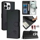 For iPhone 15 Pro Cat Rat Embossed Pattern RFID PU Phone Case with Wrist Strap(Black) - 1