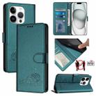 For iPhone 15 Pro Cat Rat Embossed Pattern RFID PU Phone Case with Wrist Strap(Peacock Green) - 1