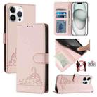 For iPhone 15 Pro Max Cat Rat Embossed Pattern RFID PU Phone Case with Wrist Strap(Pink) - 1