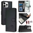 For iPhone 15 Pro Max Cat Rat Embossed Pattern RFID PU Phone Case with Wrist Strap(Black) - 1