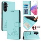 For Samsung Galaxy A55 5G Cat Rat Embossed Pattern RFID PU Phone Case with Wrist Strap(Mint Green) - 1