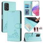 For Samsung Galaxy A52S 5G Cat Rat Embossed Pattern RFID PU Phone Case with Wrist Strap(Mint Green) - 1