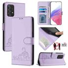 For Samsung Galaxy A52S 5G Cat Rat Embossed Pattern RFID PU Phone Case with Wrist Strap(Purple) - 1