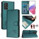 For Samsung Galaxy A52 5G Cat Rat Embossed Pattern RFID PU Phone Case with Wrist Strap(Peacock Green) - 1