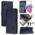 For Samsung Galaxy A70 Cat Rat Embossed Pattern RFID PU Phone Case with Wrist Strap(Blue) - 1