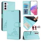 For Samsung Galax S21 Cat Rat Embossed Pattern RFID PU Phone Case with Wrist Strap(Mint Green) - 1