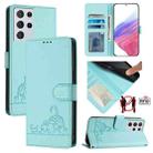 For Samsung Galax S21 Ultra Cat Rat Embossed Pattern RFID PU Phone Case with Wrist Strap(Mint Green) - 1