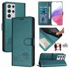 For Samsung Galax S21 Ultra Cat Rat Embossed Pattern RFID PU Phone Case with Wrist Strap(Peacock Green) - 1