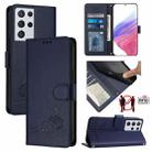 For Samsung Galax S21 Ultra Cat Rat Embossed Pattern RFID PU Phone Case with Wrist Strap(Blue) - 1