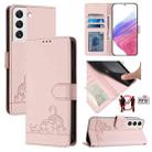 For Samsung Galax S22 Cat Rat Embossed Pattern RFID PU Phone Case with Wrist Strap(Pink) - 1
