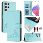 For Samsung Galax S22 Ultra Cat Rat Embossed Pattern RFID PU Phone Case with Wrist Strap(Mint Green) - 1
