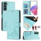 For Samsung Galax S22+ 5G Cat Rat Embossed Pattern RFID PU Phone Case with Wrist Strap(Mint Green) - 1