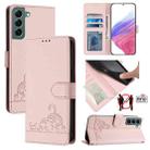 For Samsung Galax S22+ 5G Cat Rat Embossed Pattern RFID PU Phone Case with Wrist Strap(Pink) - 1