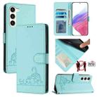 For Samsung Galax S23 5G Cat Rat Embossed Pattern RFID PU Phone Case with Wrist Strap(Mint Green) - 1