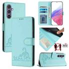 For Samsung Galax S23 FE 5G Cat Rat Embossed Pattern RFID PU Phone Case with Wrist Strap(Mint Green) - 1